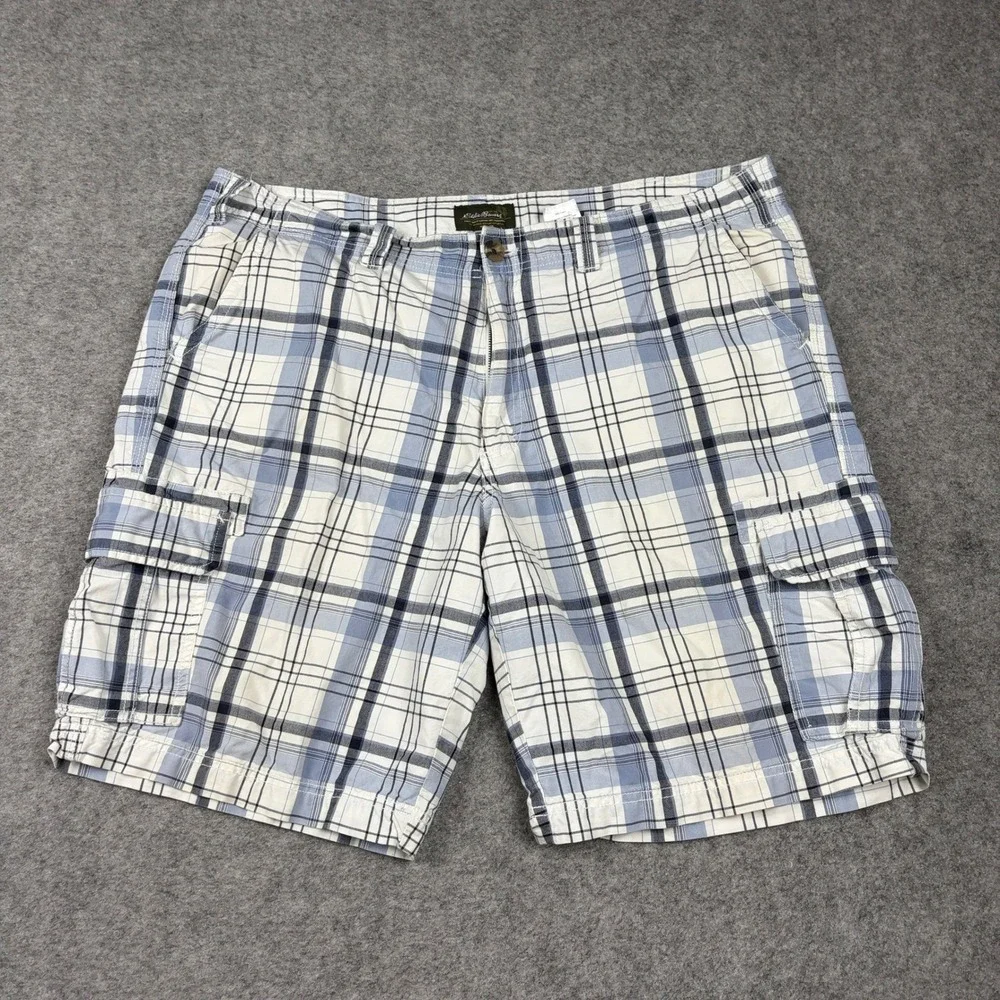 Eddie Bauer Cargo Shorts Mens 40 Blue White Plaid Cotton Outdoor Hiking‎ Utility
